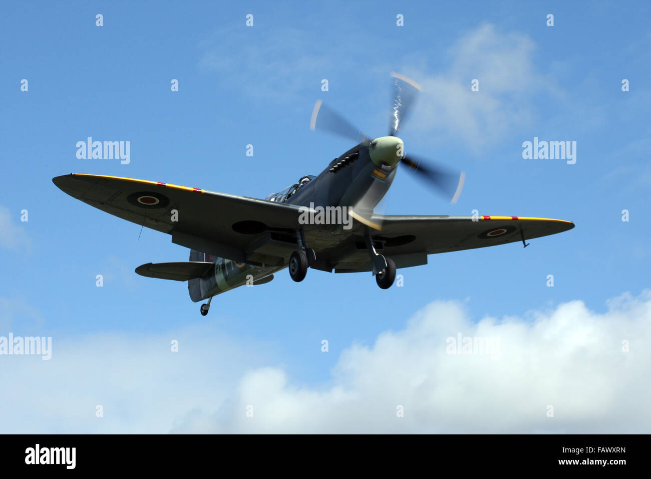 Spitfire coming in to land at Goodwood Revival meeting, 2015. Stock Photo