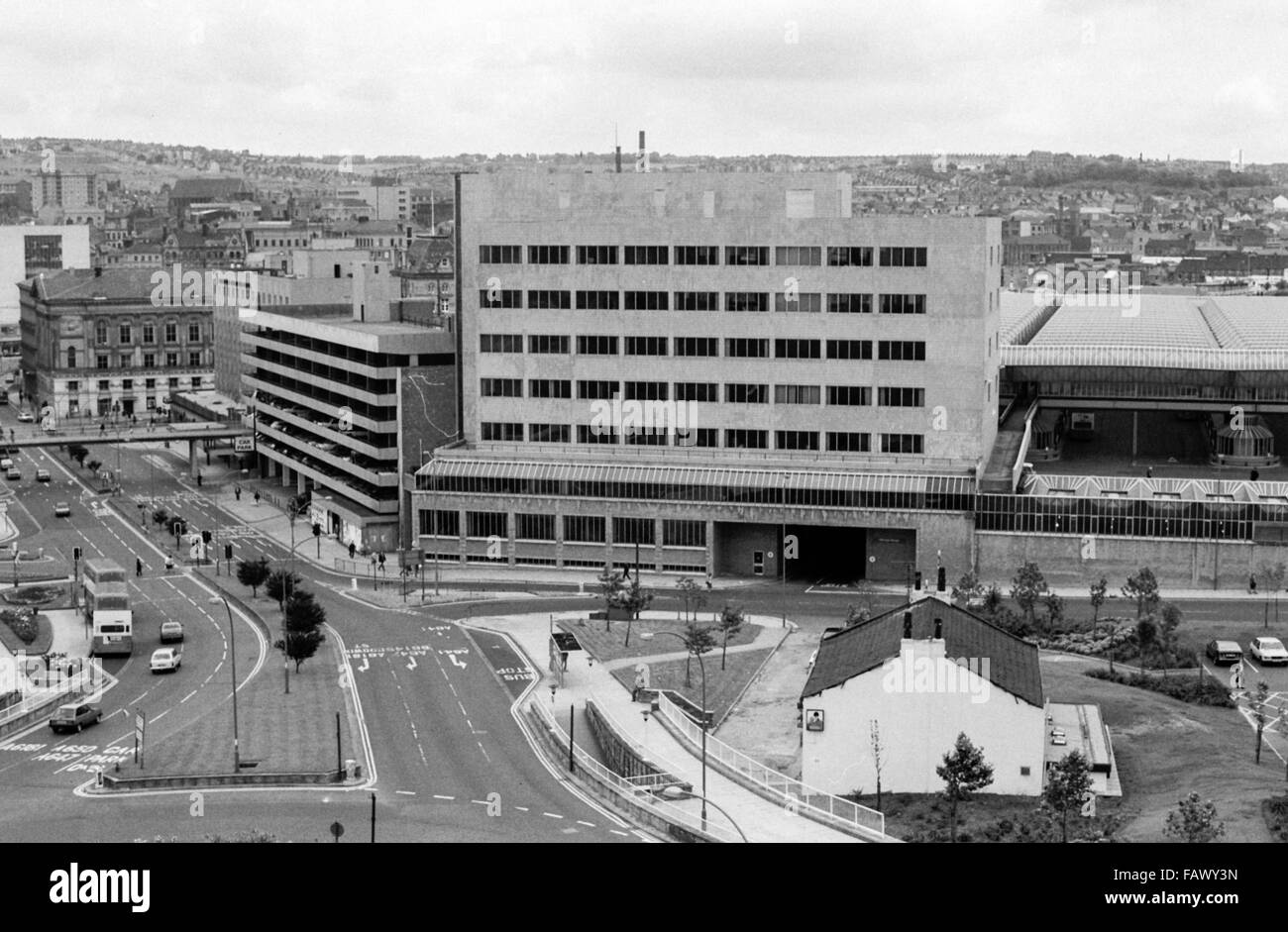 Jacobs Well Pub, St Georges Hall, Multi-story car park and Bradford Transport Interchange office block (BCT) building taken from the Bradford Central Library building in 1982 Stock Photo