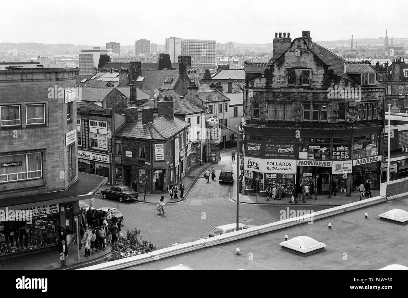 Bradford city centre view from John Street market car park showing old