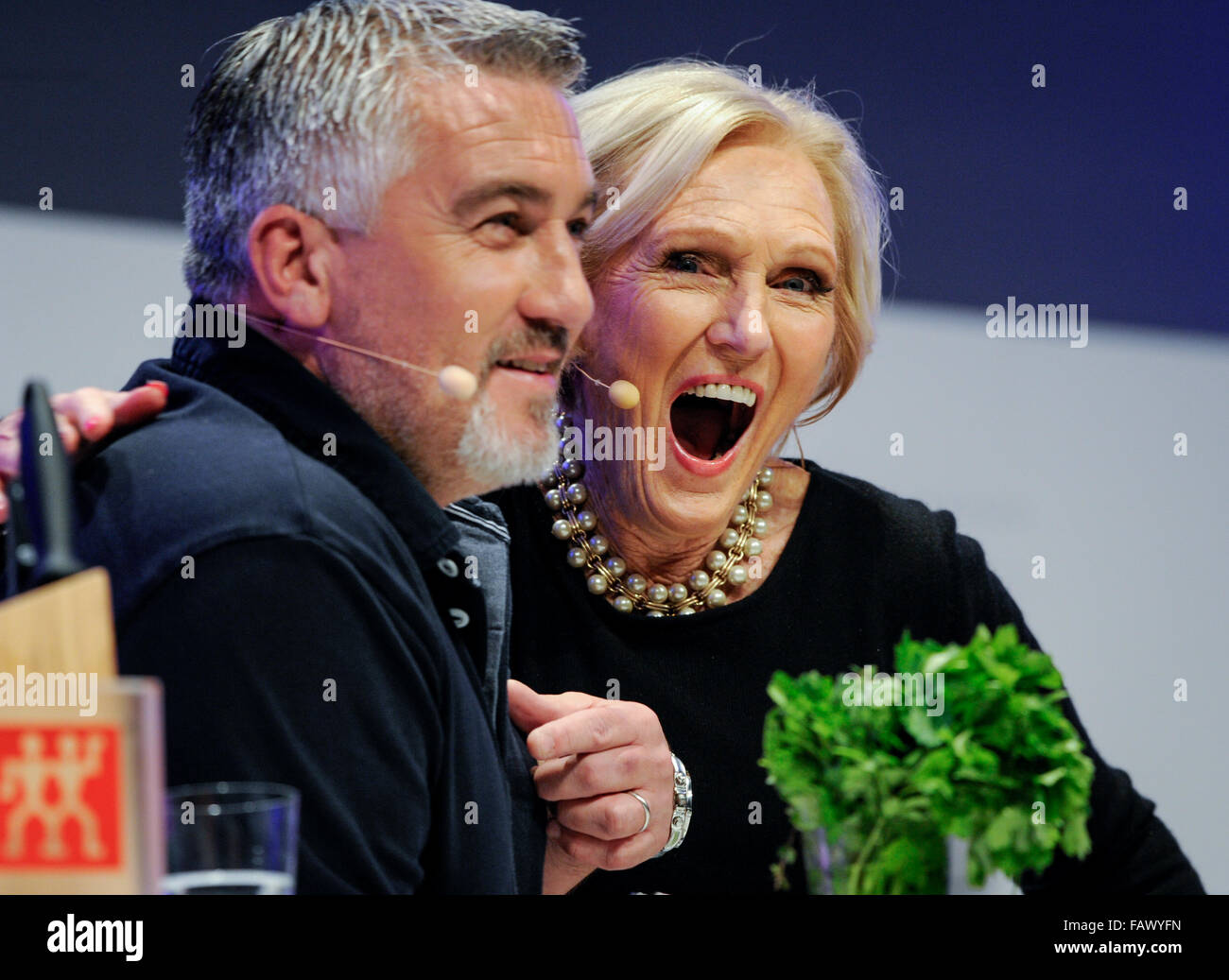 Paul Hollywood and Mary Berry do a live demonstration in the Supertheatre at the BBC Good Food Show Winter at the Birmingham NEC  Featuring: Mary Berry, Paul Hollywood Where: Birmingham, United Kingdom When: 27 Nov 2015 Stock Photo
