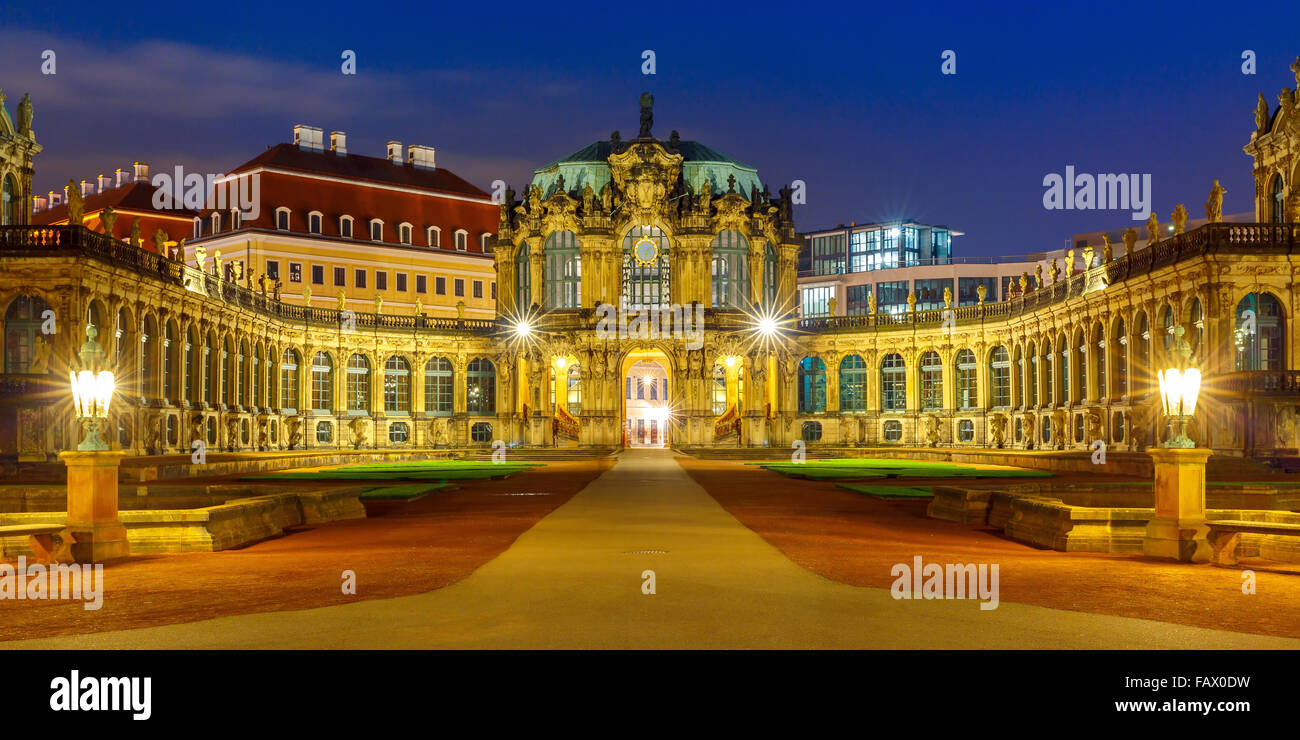 Panorama of Zwinger at night in Dresden, Germany Stock Photo