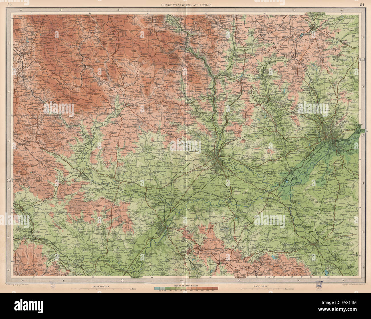 EAST MIDLANDS: Derby Nottingham Burton-on-Trent Peak District. LARGE, 1939 map Stock Photo