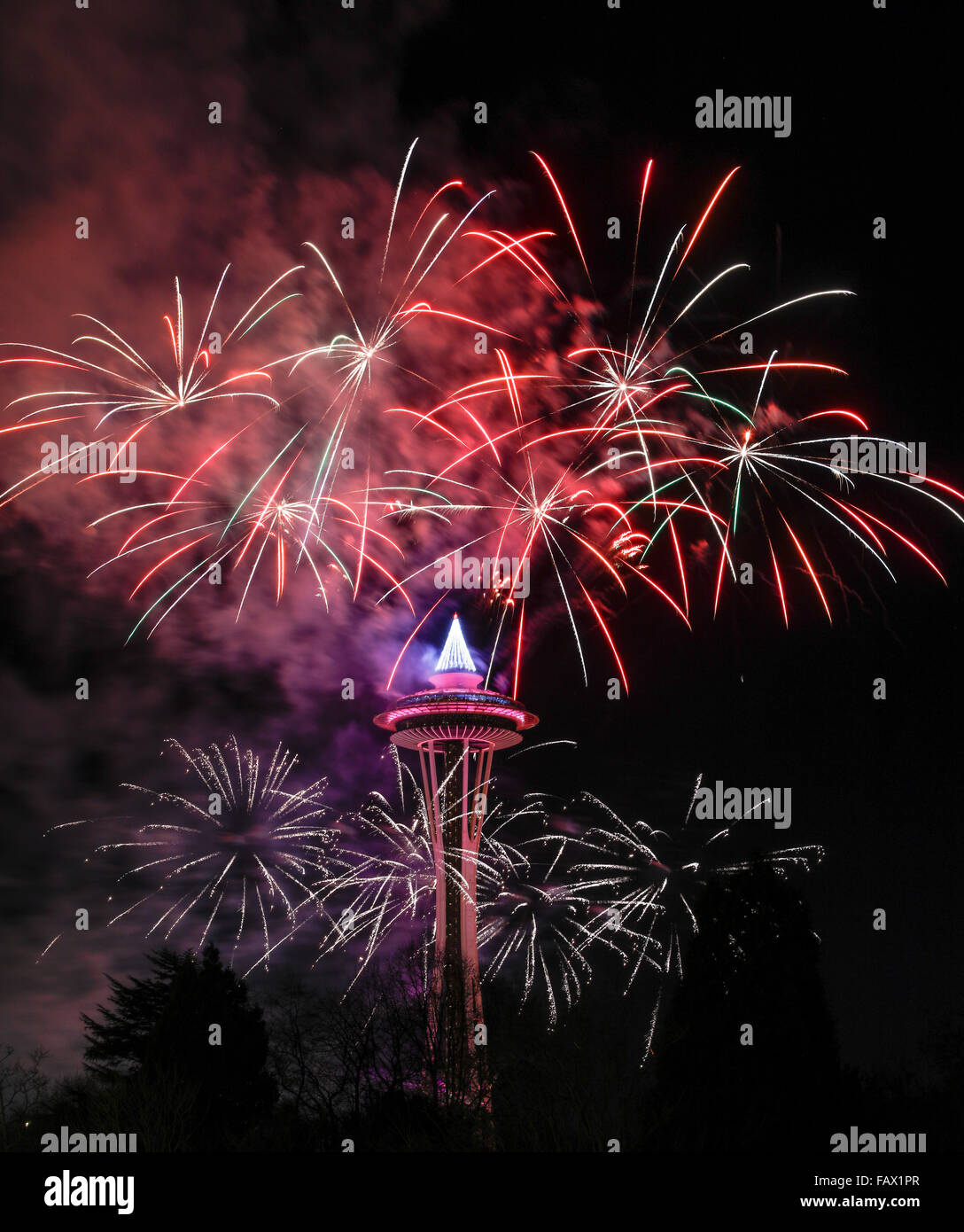 Fireworks display at midnight 2016 Seattle USA Space Needle New Year’s