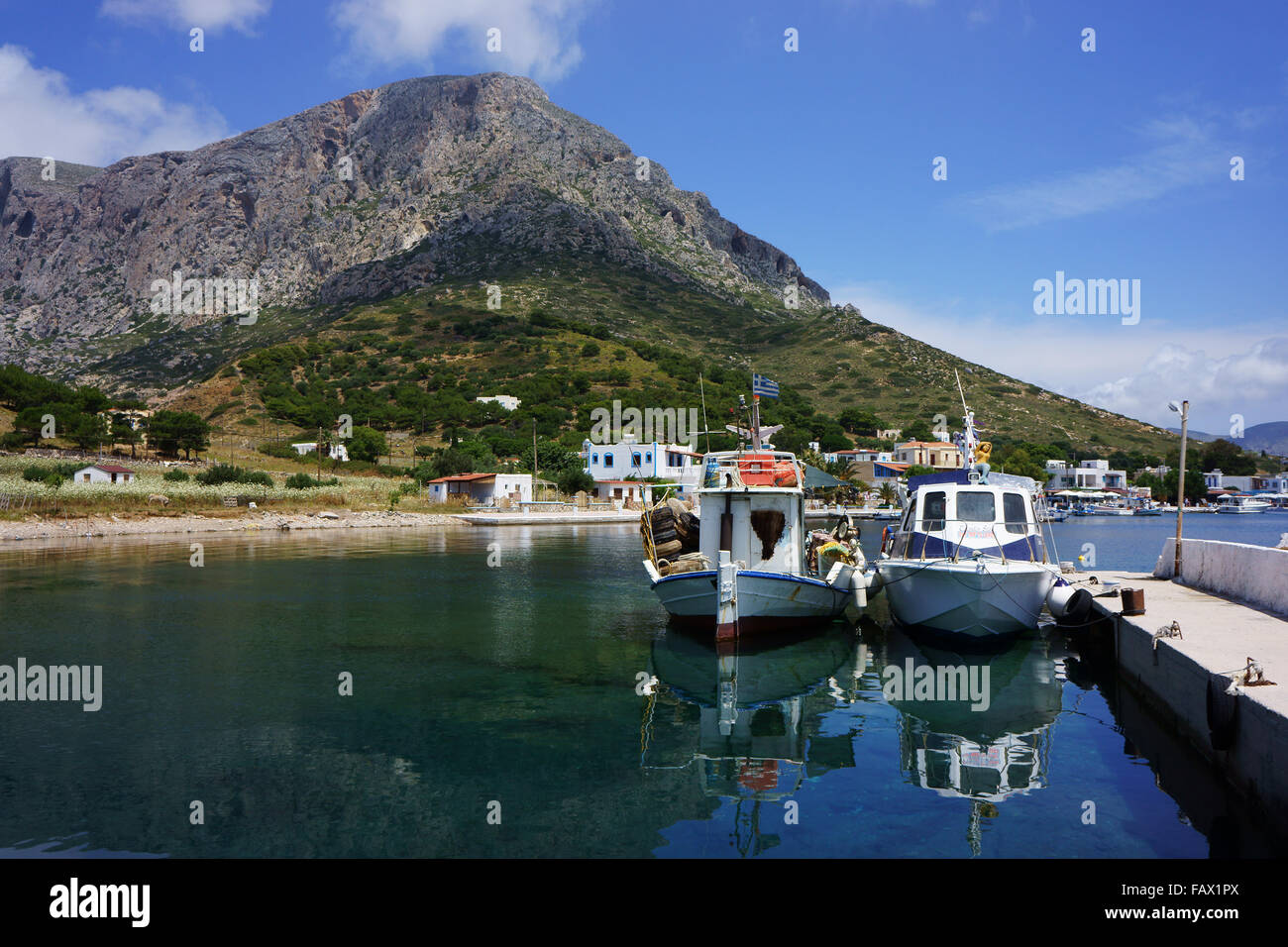 Harbor and town Telendos, island Telendos, Dodekanes islands, Greece Stock Photo