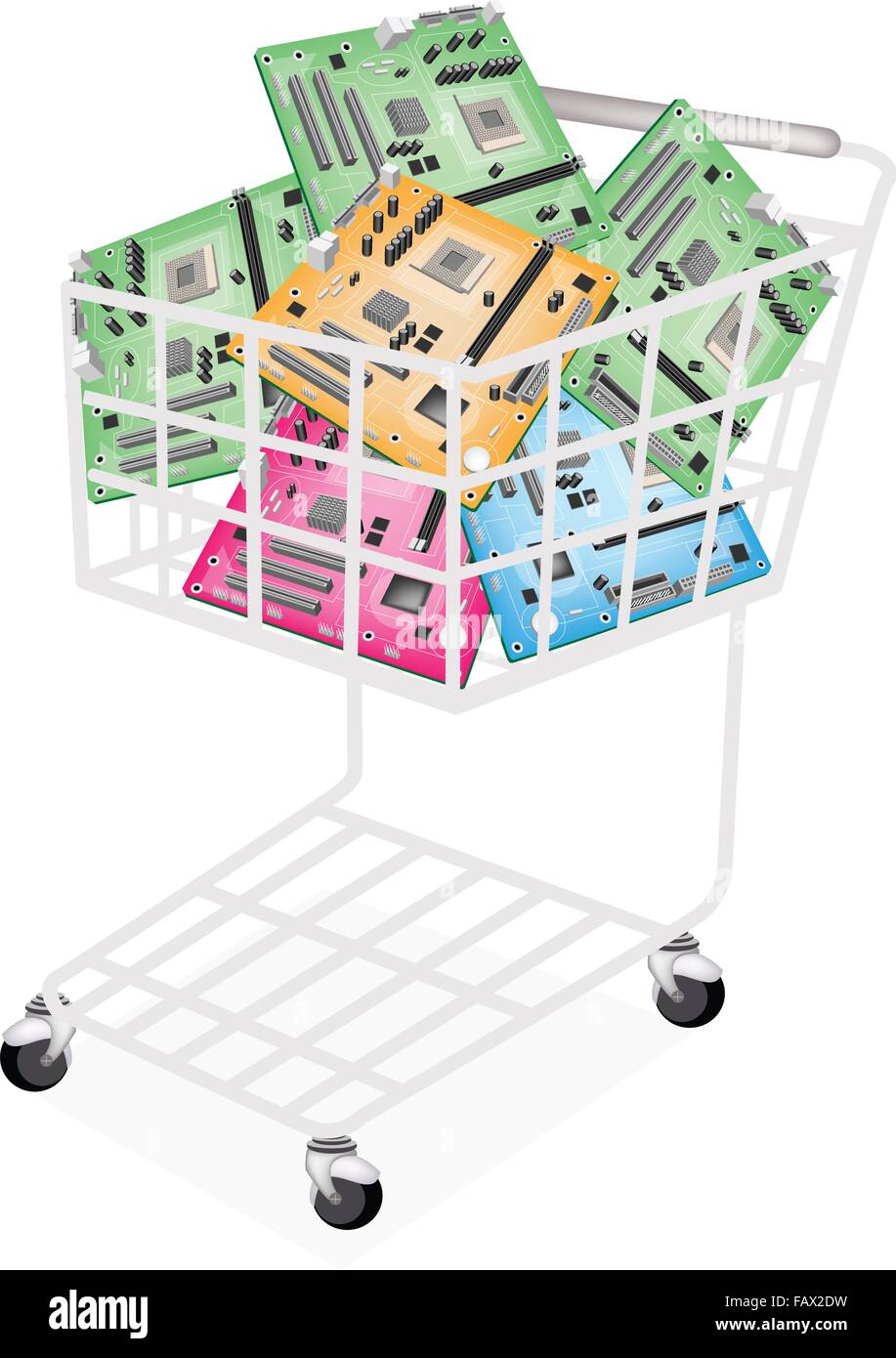 A Shopping Cart Full with Various Colors Computer Mother Board or ...