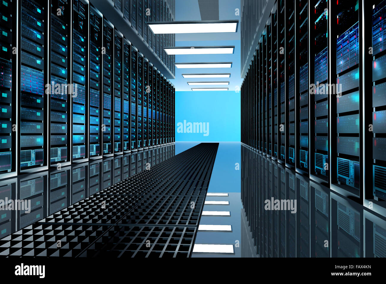 Terminal monitor in server room with server racks in datacenter ...