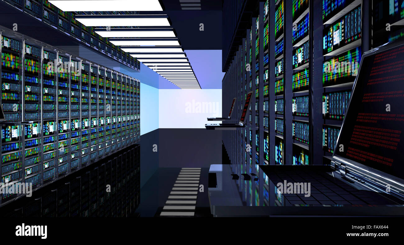 Terminal monitor in server room with server racks in datacenter interior Stock Photo