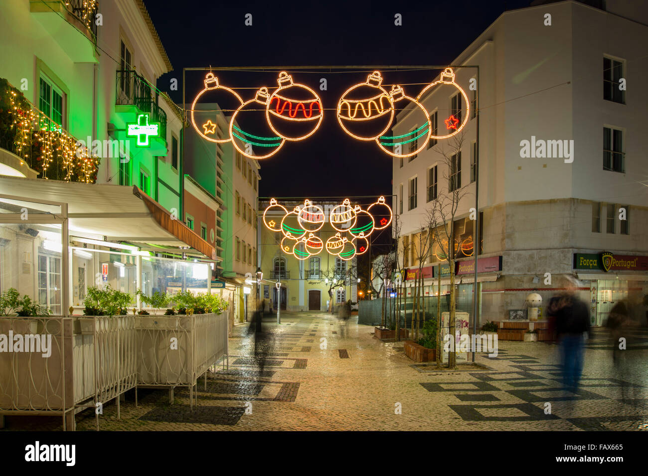 Christmas lights and decorations in the town square, Lagos Portugal