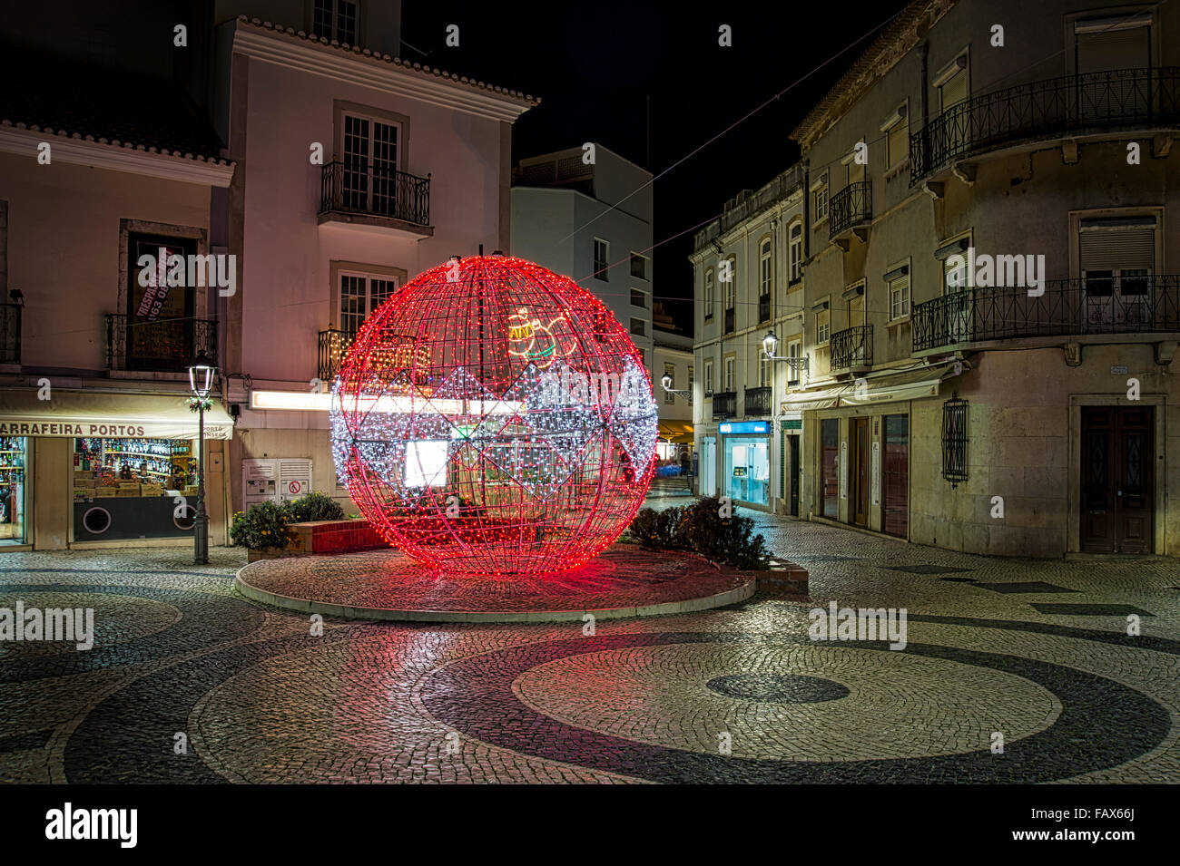 Christmas lights and decorations in the town square, Lagos Portugal