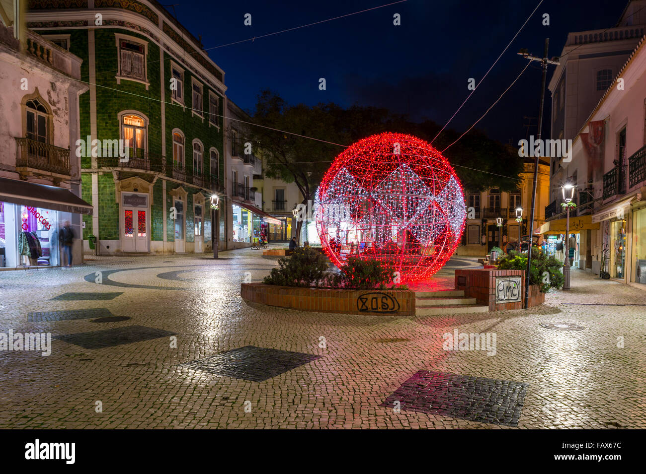 Christmas lights and decorations in the town square, Lagos Portugal