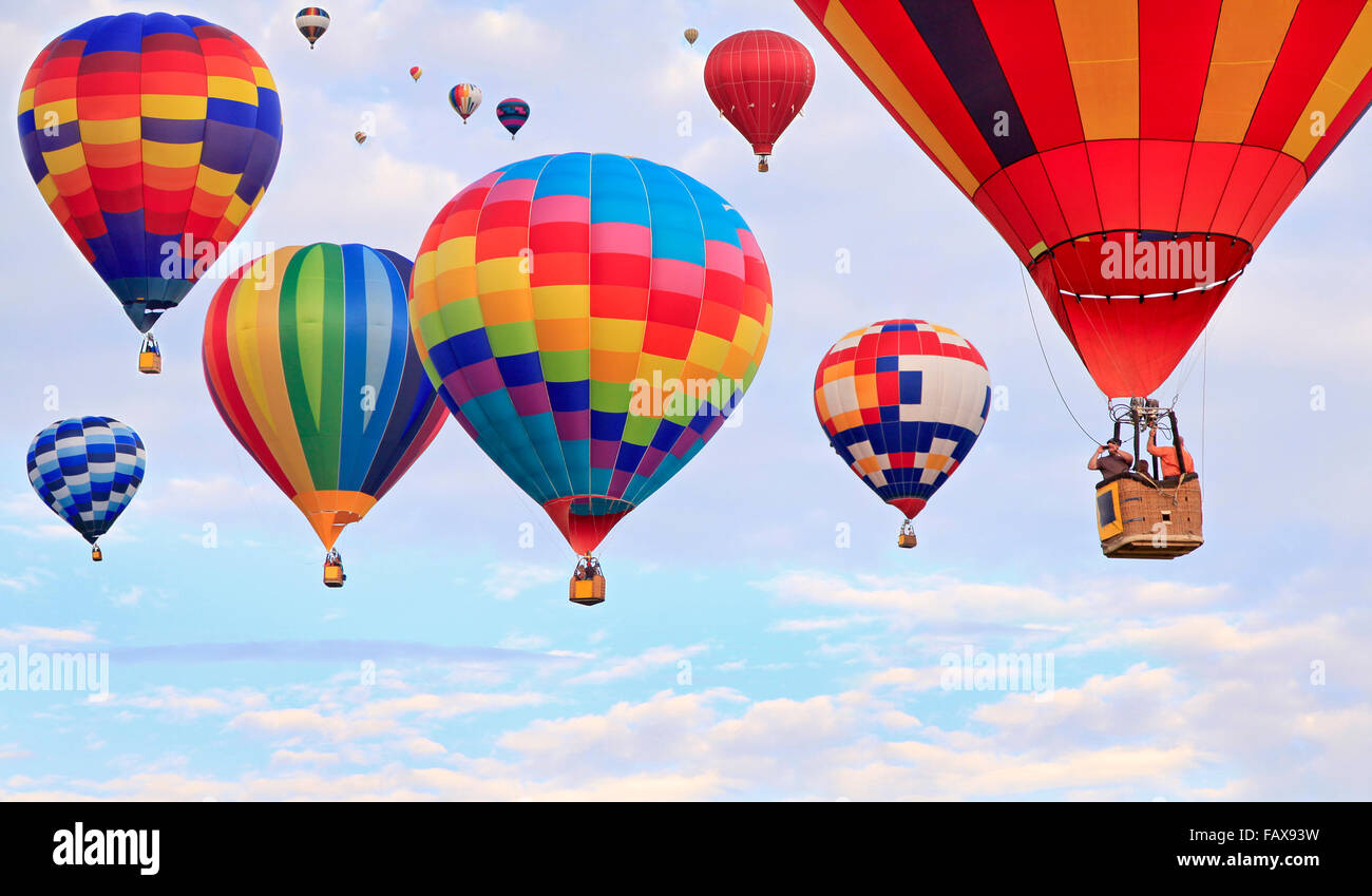 Multicolored Hot air balloons flying Stock Photo