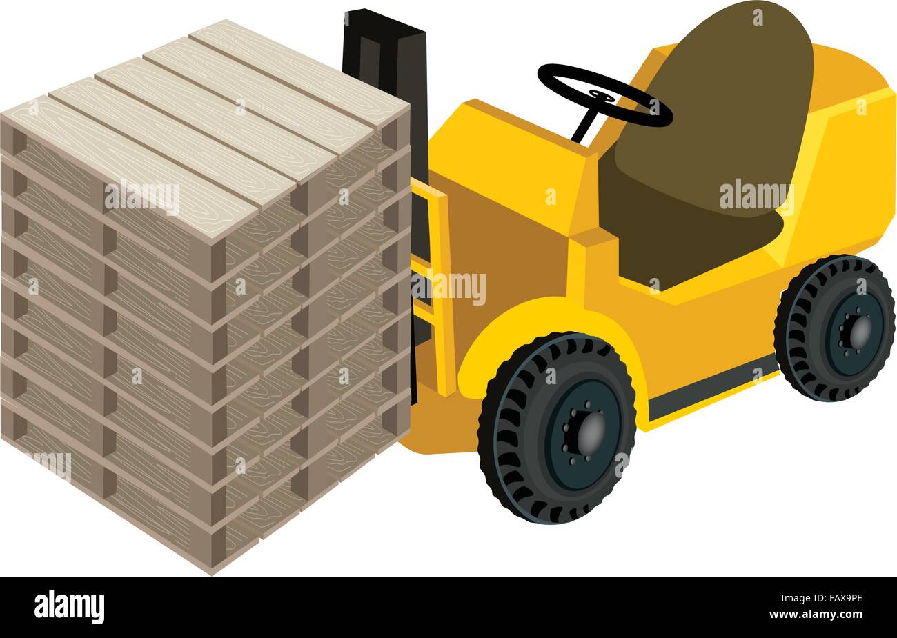 Powered Industrial Forklift, Fork Heavy Machine, Fork Truck or Lift Truck Loading A Stack of Shipping Pallets for Storage and Tr Stock Vector
