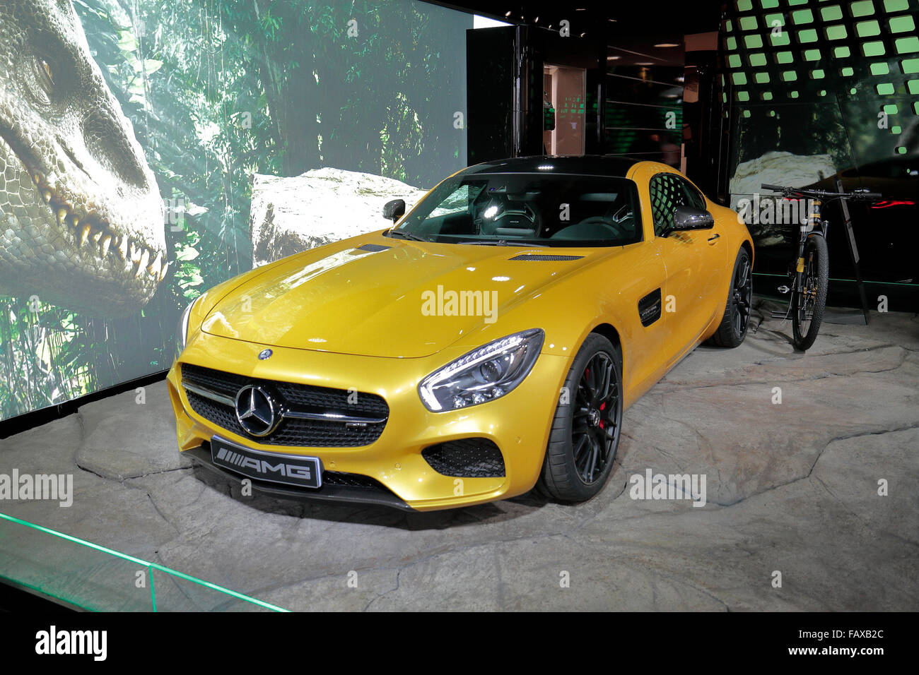 An Mercedes-AMG GT on display in the Mercedes-Benz Gallery on the Avenue des Champs-Élysées, Paris, France. Stock Photo