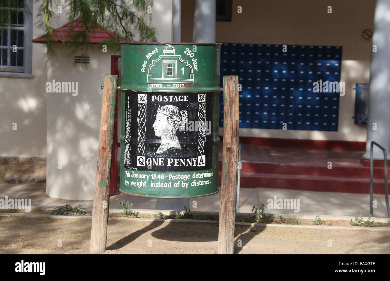 Prince Albert Post Office in South Africa with a community dustbin art