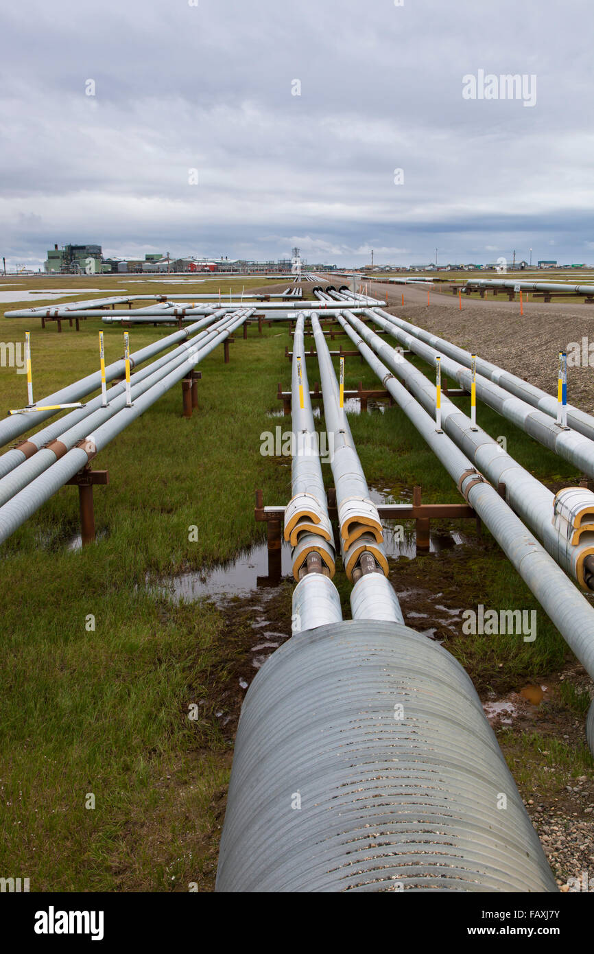 Oil Pipelines With Gathering Center 1 (Gc1) In The Prudhoe Bay Oil Field, North Slope, Arctic Alaska, Summer Stock Photo