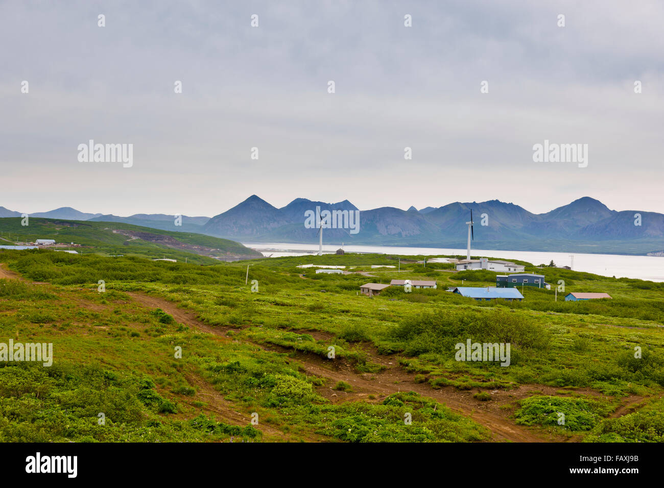 Buildings and street lights of Sand Point with King Cove and Unga