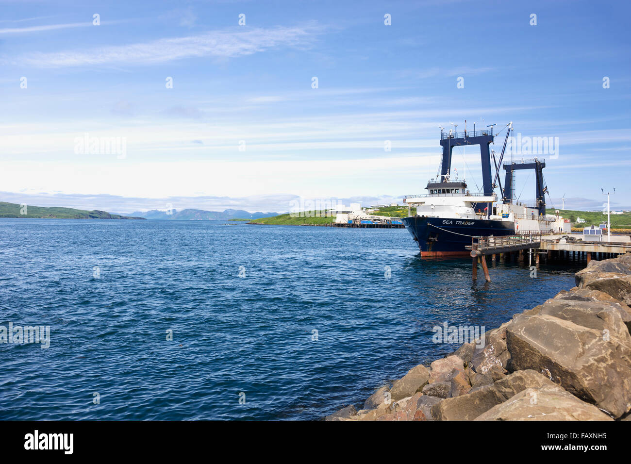 A large cargo ship docked at Sand Point Harbor, Southwestern Alaska, USA, Summer Stock Photo Alamy