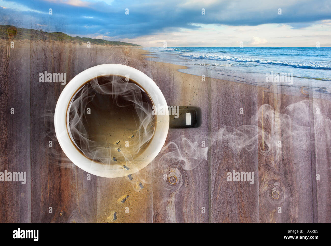 Dreaming of distant adventure over hot cup of coffee concept - composite image Stock Photo