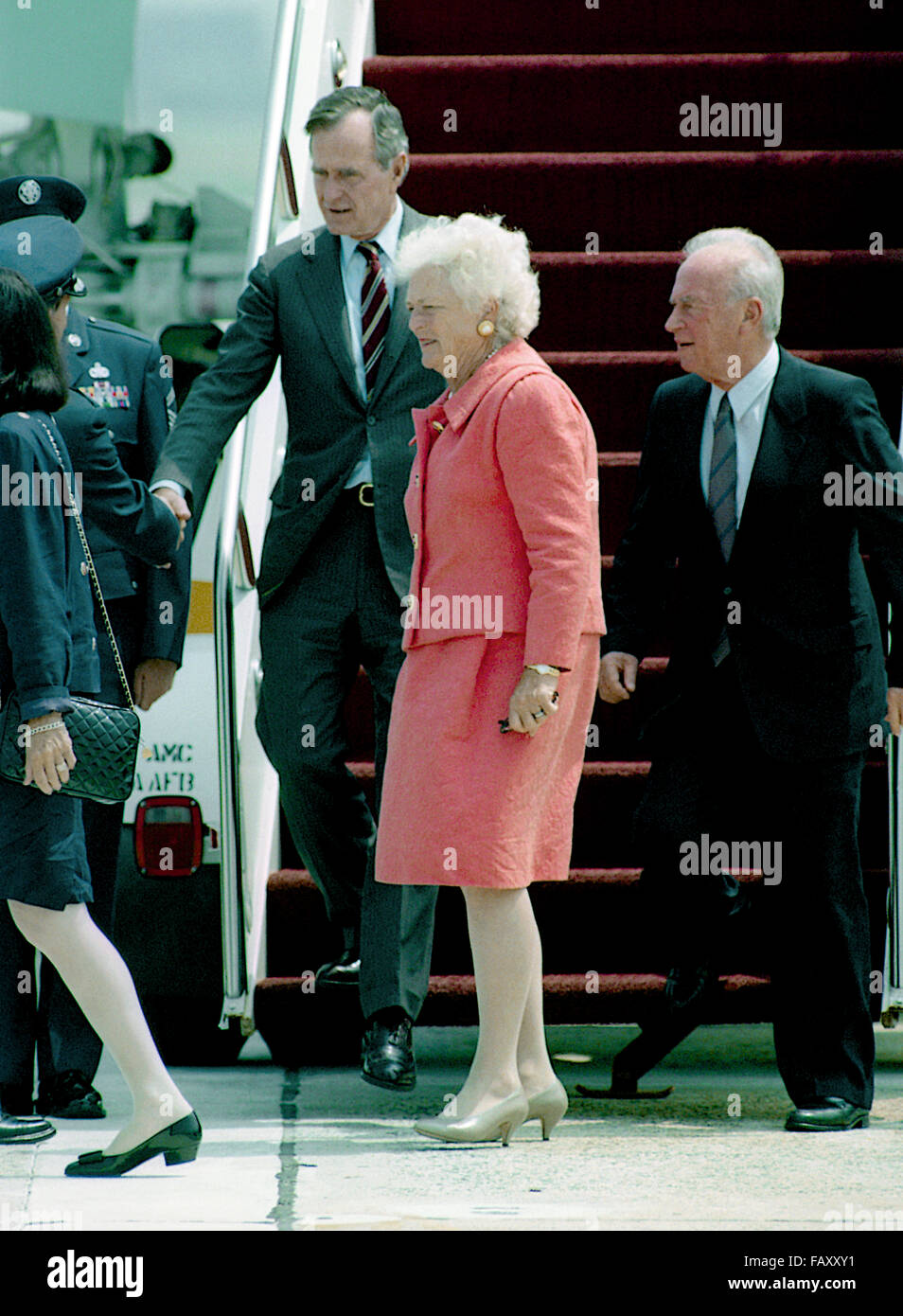 Camp Springs Maryland USA 1th AUgust 1992 President George H.W. Bush along with FIrst Lady Barbara Bush arrive at Andrews Air Force on Air Force One. Traveling with the US President is