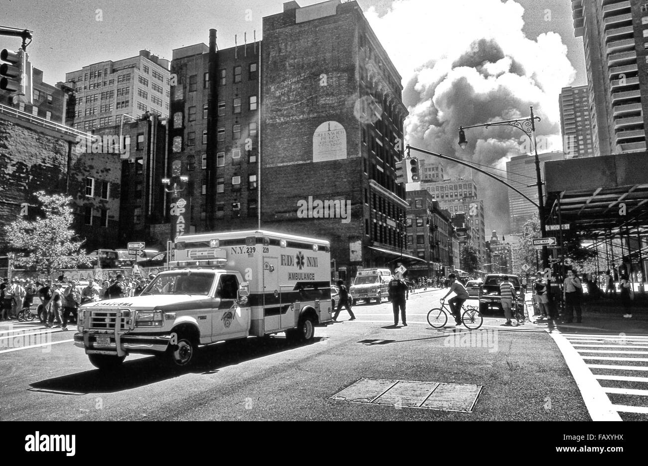 Smoke and dust spreading all over Manhattan during the collapse of the Twin Towers. Stock Photo