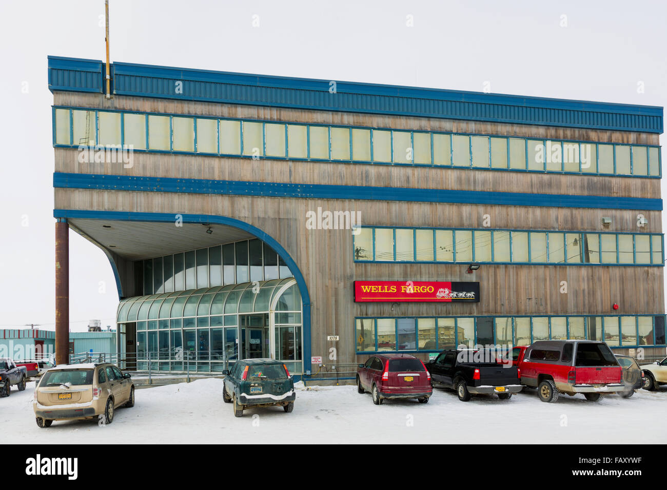 Exterior view of the Wells Fargo Building, Barrow, North Slope, Arctic Alaska, USA, Winter Stock Photo