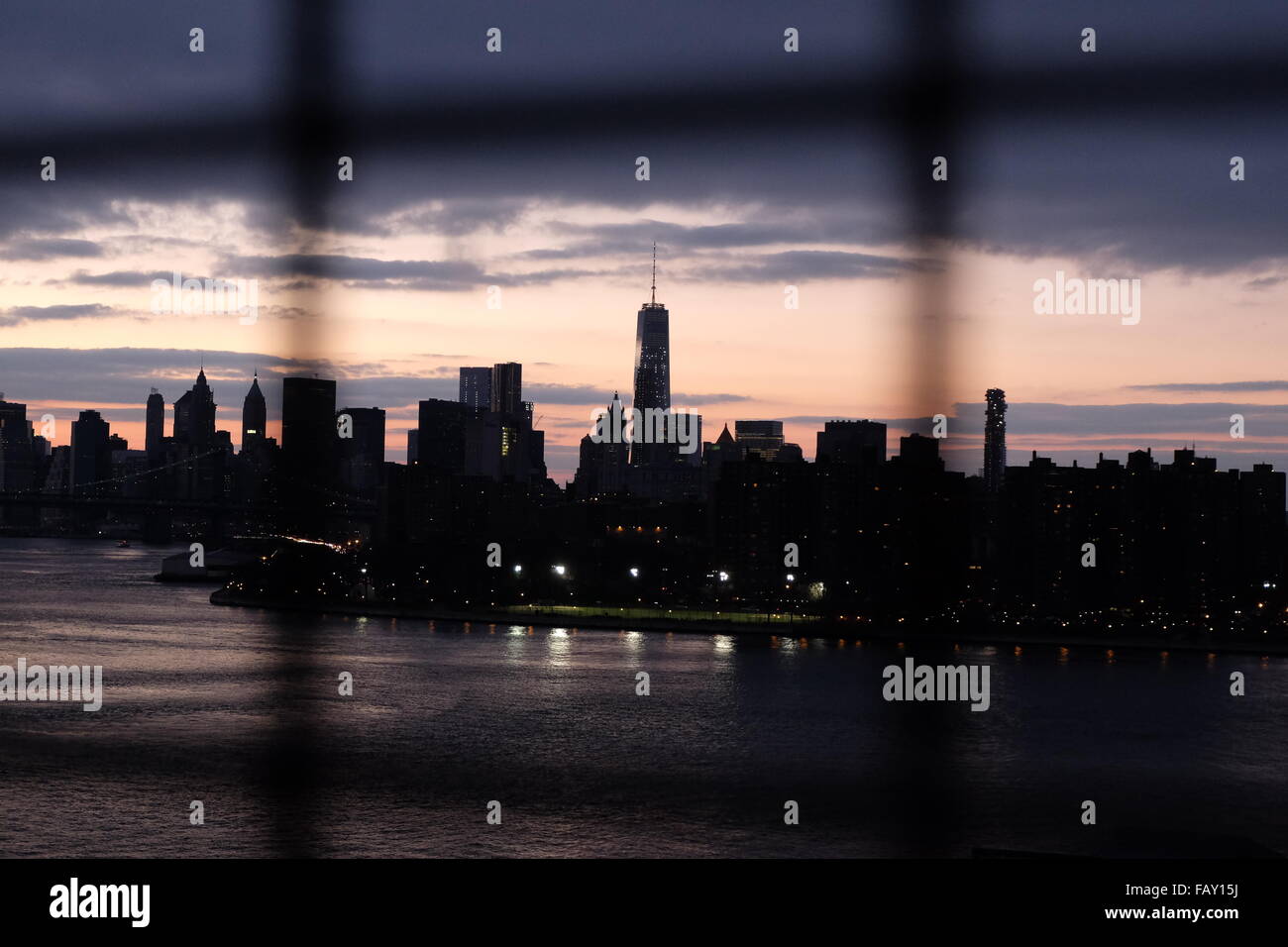 view of the manhattan skyline from the Williamsburg bridge photo by jen lombardo Stock Photo