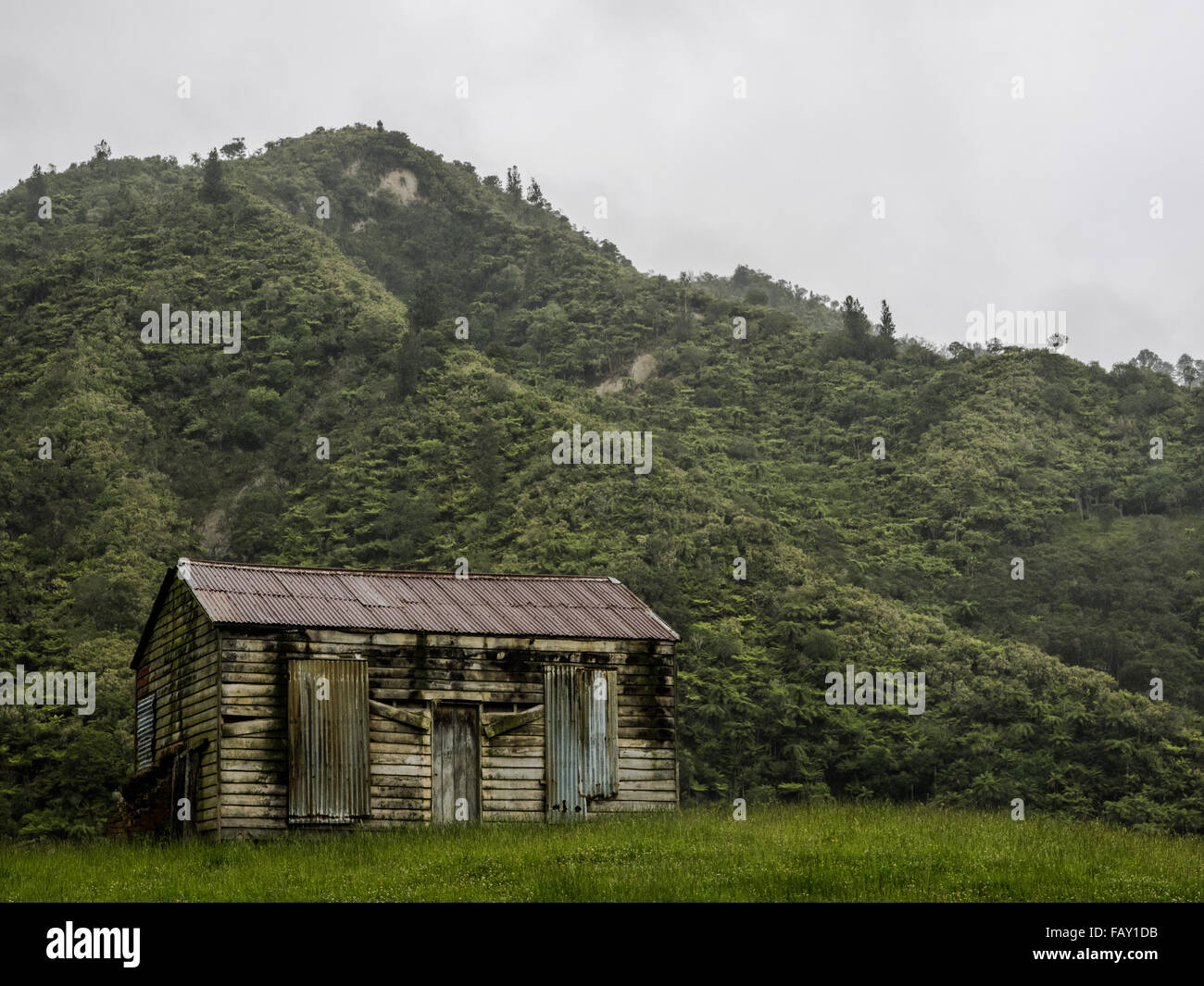 Abandoned house with regenerating forest on hills, Rotorangi, Patea Valley, South Taranaki Stock Photo