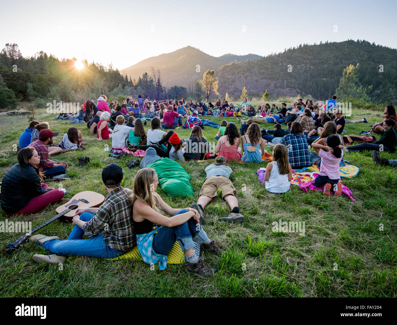 HAYFORK, CALIFORNIA JUNE 29, 2014 Summer campers at an evening gathering in the mountains