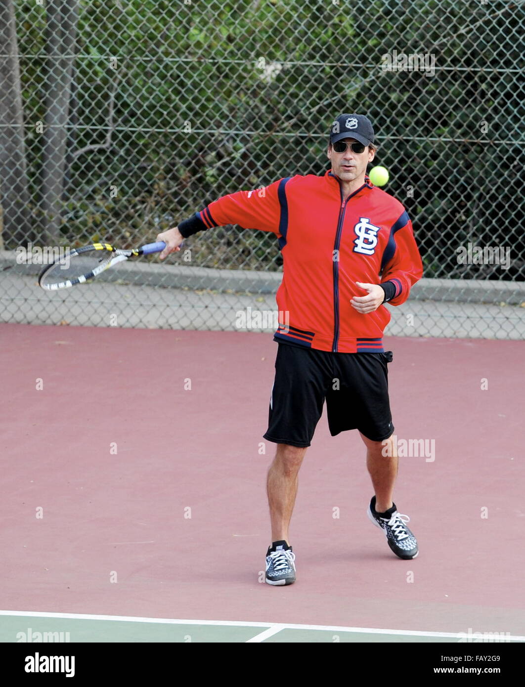 Jon Hamm has a tennis session with his trainer Featuring: Jon Hamm Where:  Los Angeles, California, United States When: 05 Dec 2015 Stock Photo - Alamy