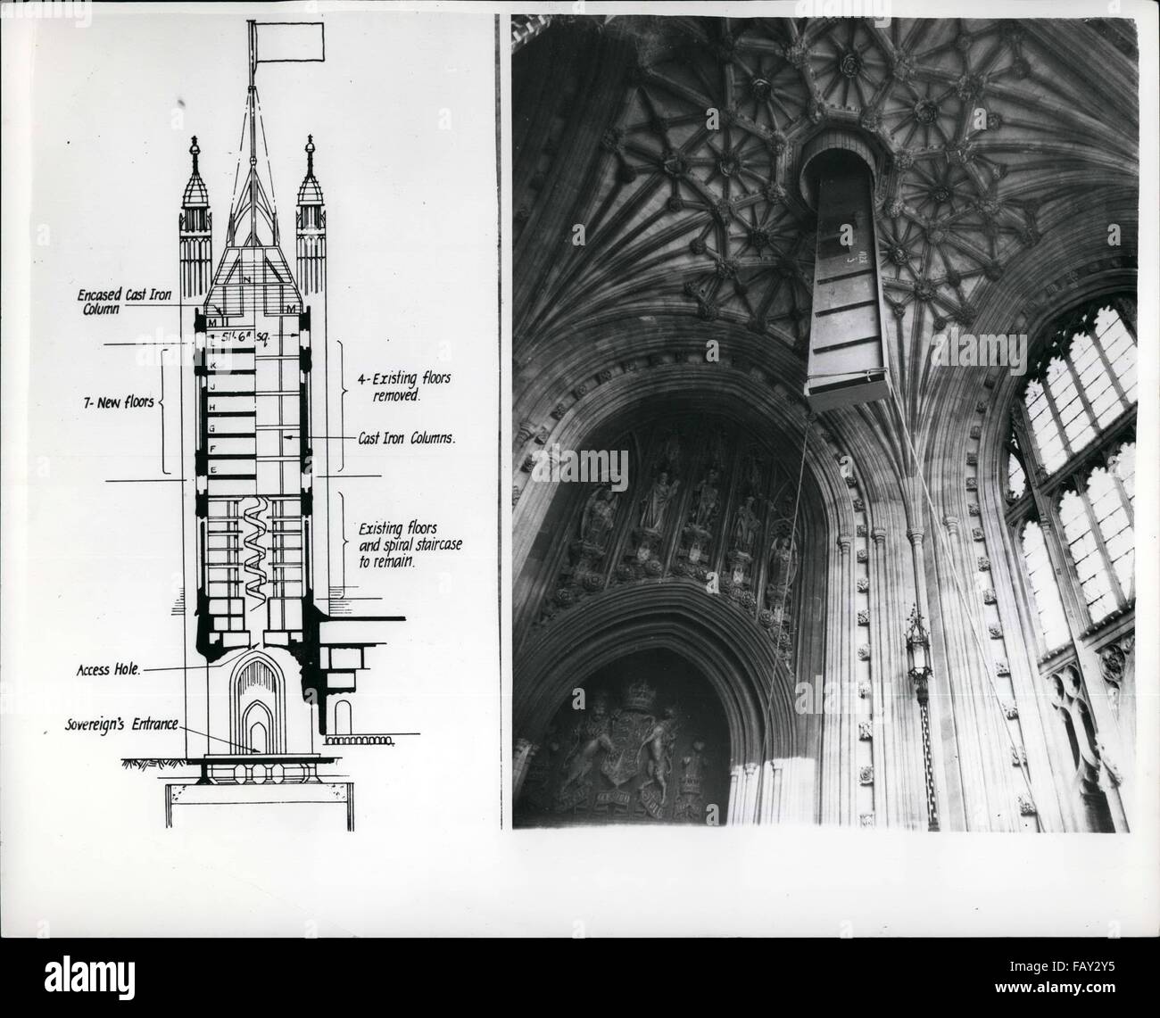 1972 - Major Structurel Alterations Inside Te Victoria Tower Seven New Floors For Storage Space: A ramarkable and intricate structiural alteration is now being carried out inside the famous Victoria Tower Of the House of Parliament. The Tower which is 360 feet high - was built over 100 years ago by Sir Charles Barry and is one of the largest square manor towers in the world -- and it has been transformed internally to provide 17,0000 square feet of modern storage accommodation for the unique accumulation of Parliamentary Records of one and a half million documents and books including the origi Stock Photo