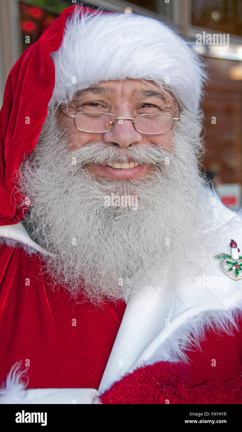 Salvation Army Santa Claus at entrance to Macy's Department store in San Francisco, California Stock Photo