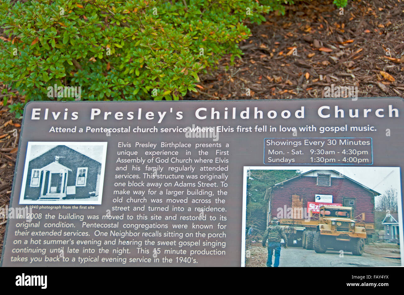 Sign at Elvis Presley Memorial Chapel/Childhood Church, Tupelo, Mississippi Stock Photo