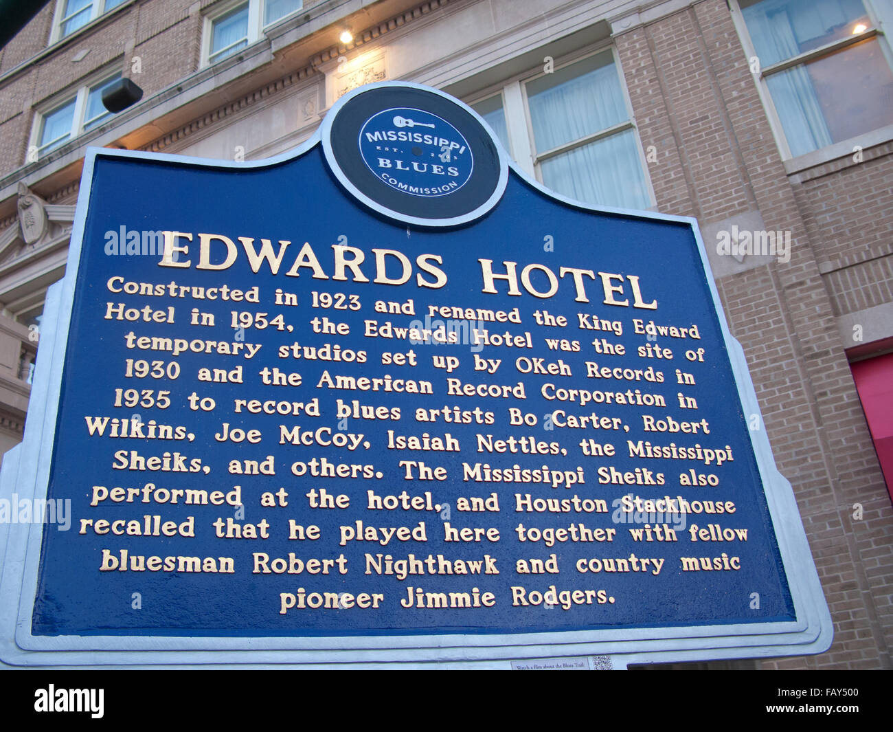 Sign at the Edwards Hotel (now the Hilton Garden Inn) in Jackson, Mississippi, that commemorates the Mississippi Blues Trail Stock Photo