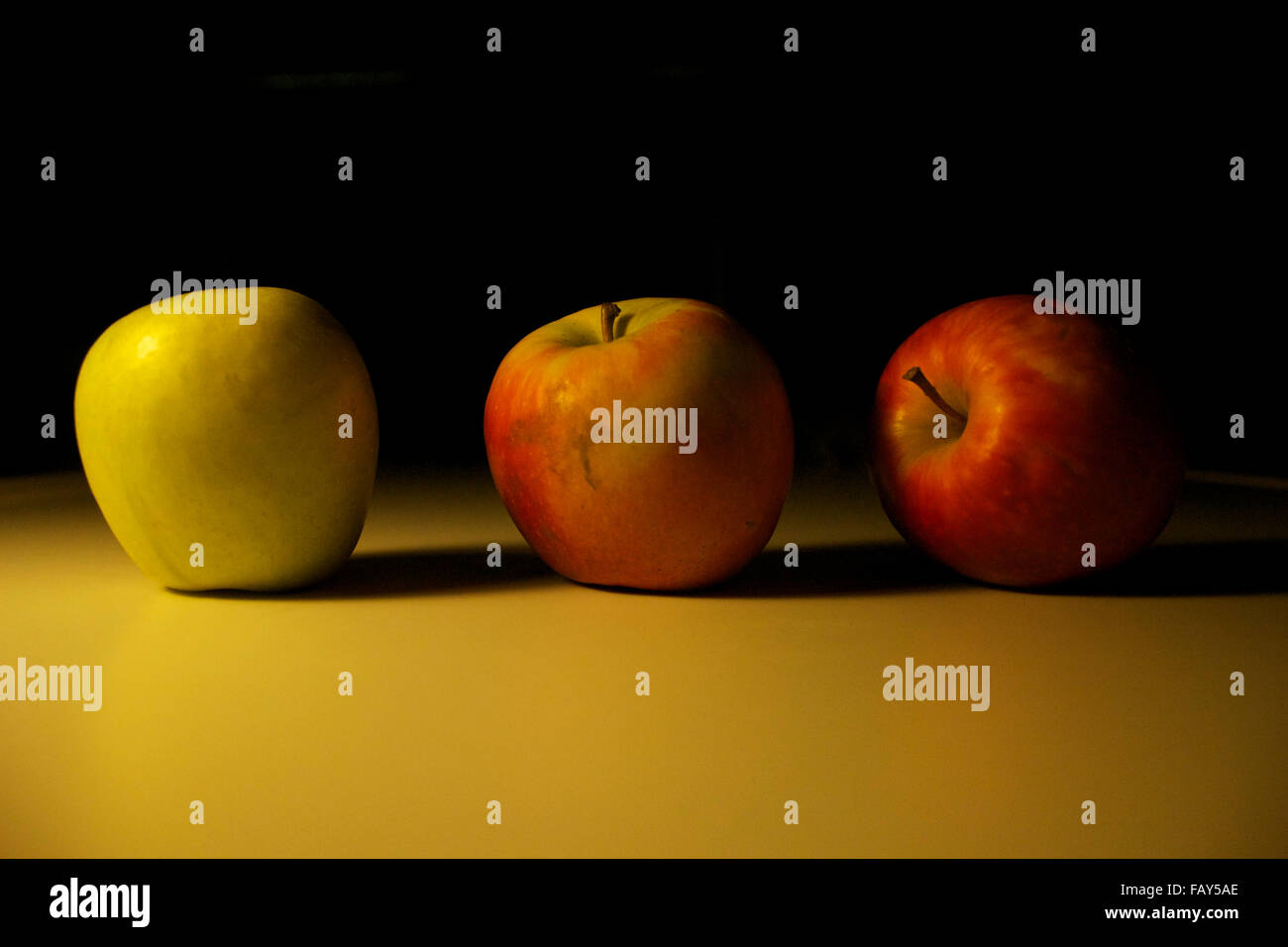 Still life of three different types of apple in a gradient. Stock Photo