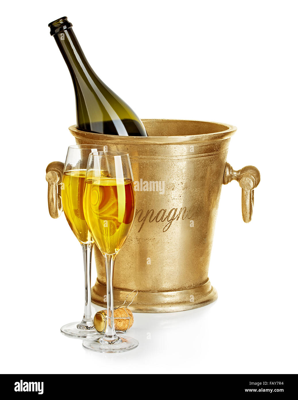 Champagne bottle in golden ice bucket with glasses of champagne close