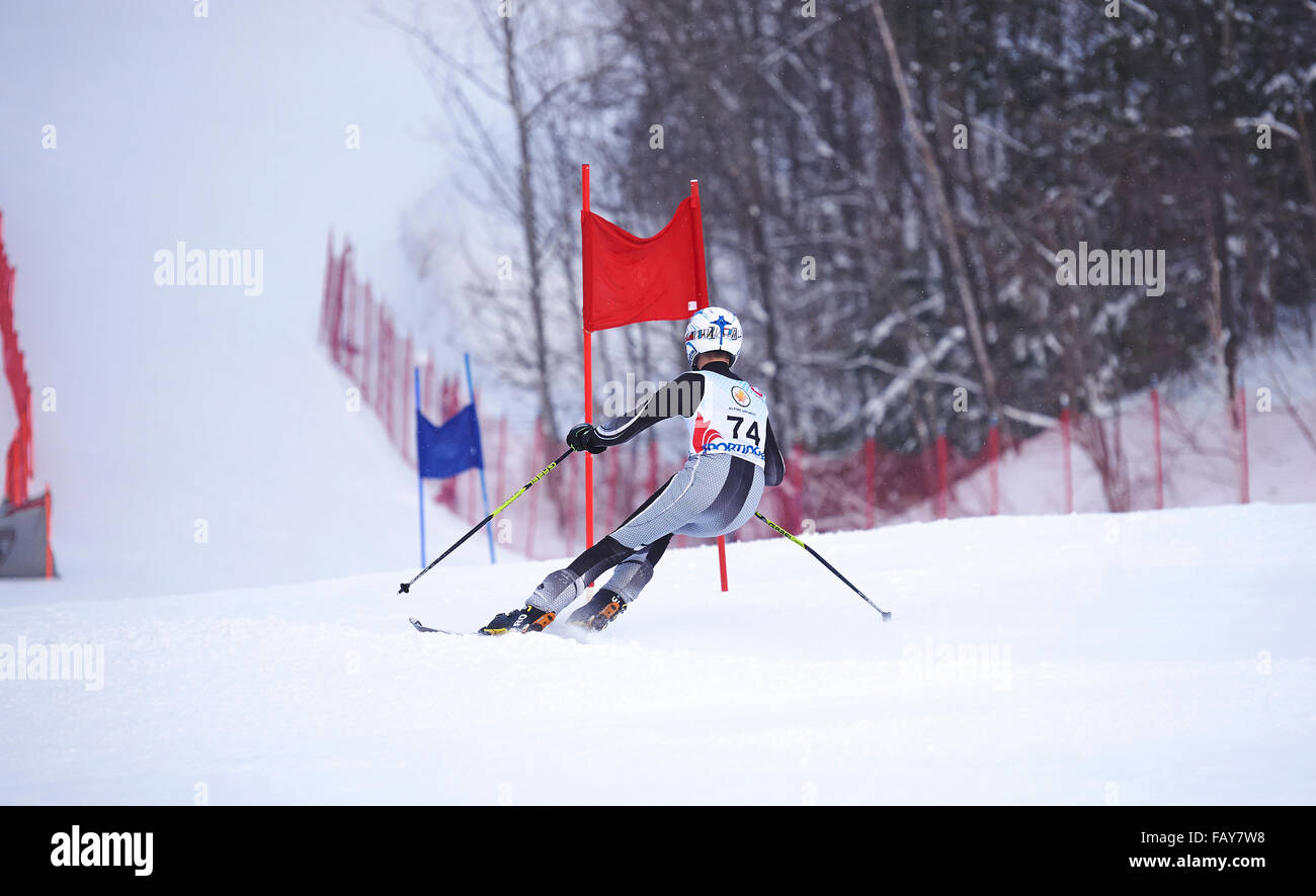 U14 GS Alpine Ski Club racer; Collingwood, Ontario, Canada Stock Photo