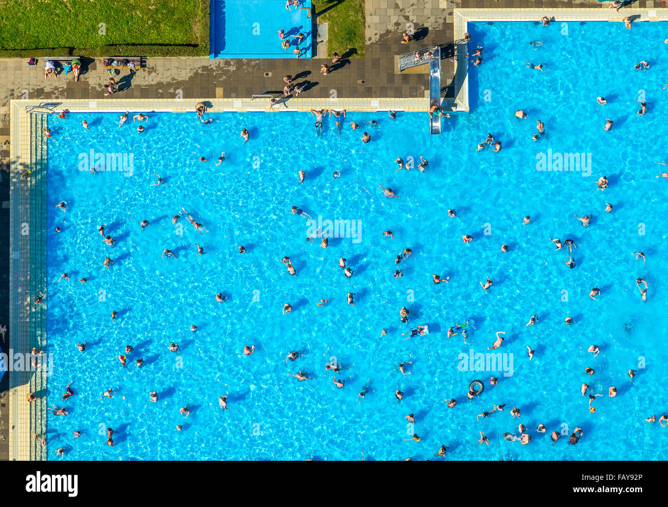 Aerial view, bathing, sunbathing, swimming, sunbathing, beach towels, bathers, swimmers, water park, swimming in Essen-Kettwig, Stock Photo