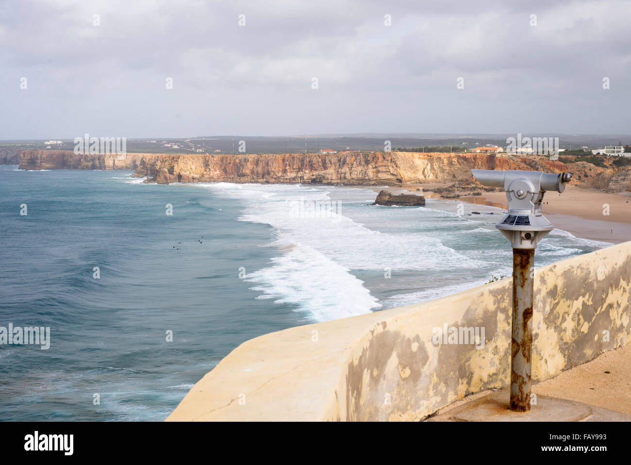 looking down onto surfers,taken from walls of  the historic 16thC Fortaleza in winter Stock Photo