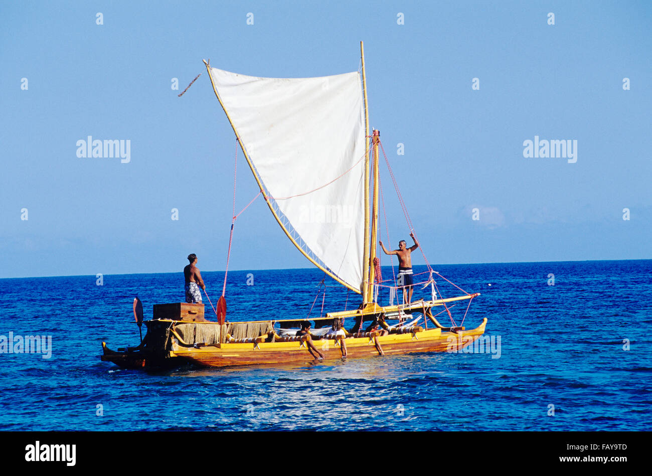 Big Island, Hawaii, Hawaiian double hull sailing canoe, Hahalua Lele sailing off Mauna Lani