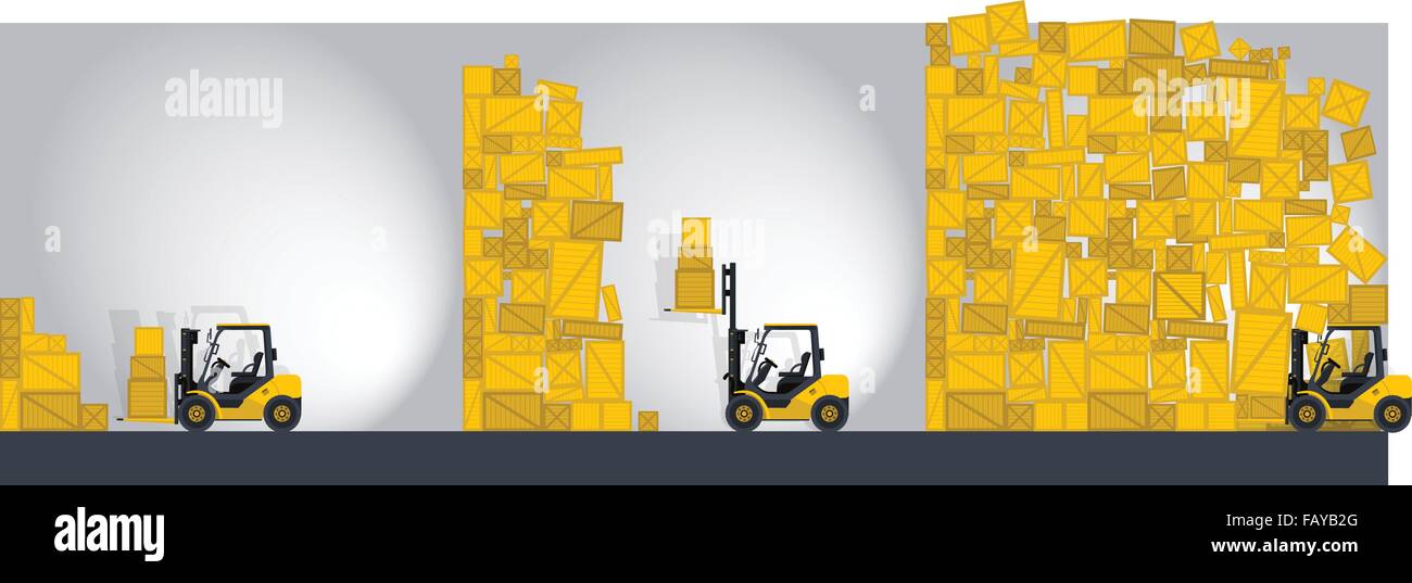 Yellow fork lift loader works in store nice lift loads crate box in warehouse storage - comics strip illustration master vector. Stock Vector