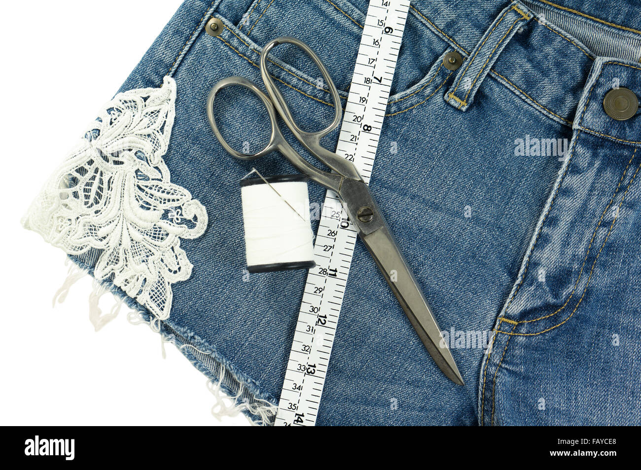 Shorts jeans diy with lace decorated isolated on white background Stock Photo