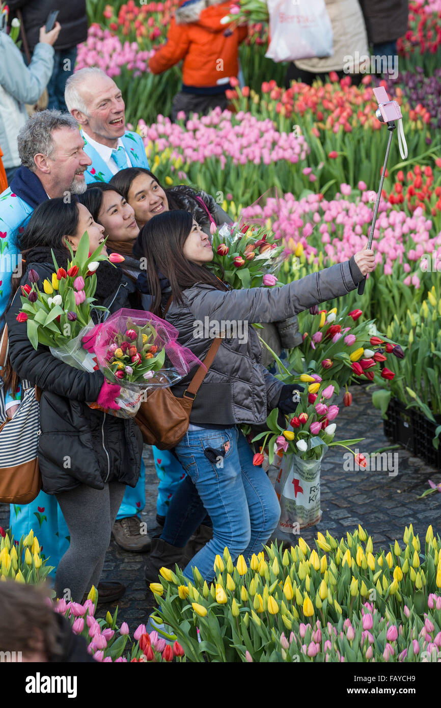 Netherlands, Amsterdam, Start of tulip season. Dam Square. People can pick the tulips for free. National Tulip Day Stock Photo