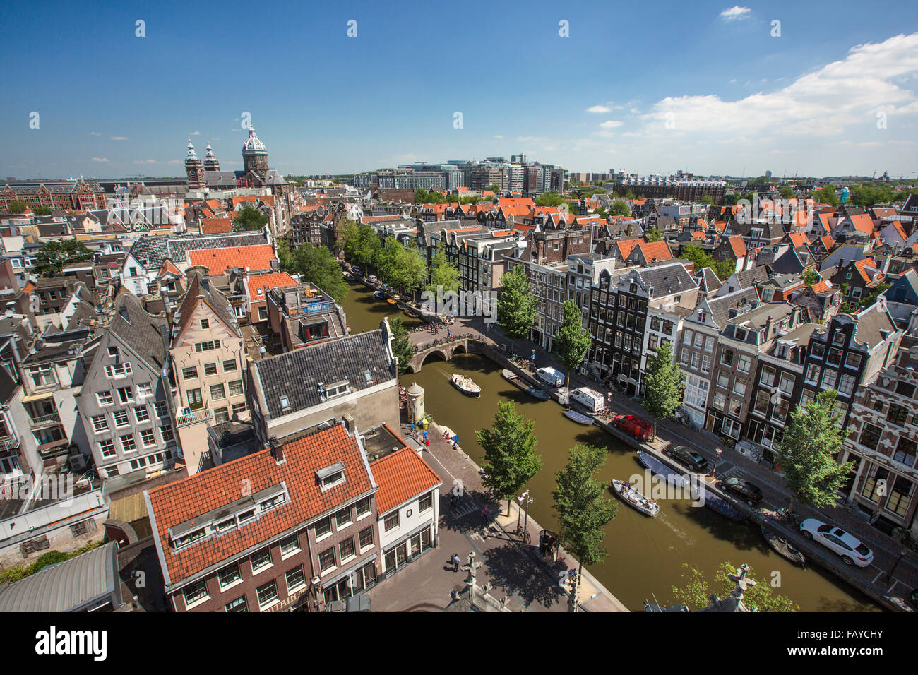 Netherlands, Amsterdam, Aeriel view from Old Church, Oude kerk on canal called Oudezijds Voorburgwal Stock Photo