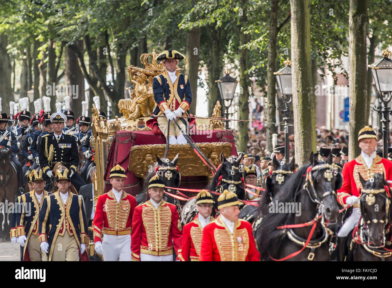 Netherlands 'The Hague' third tuesday of September Prinsjesdag Tour of 'Queen Maxima' and King Willem Alexander in golden coach. Stock Photo