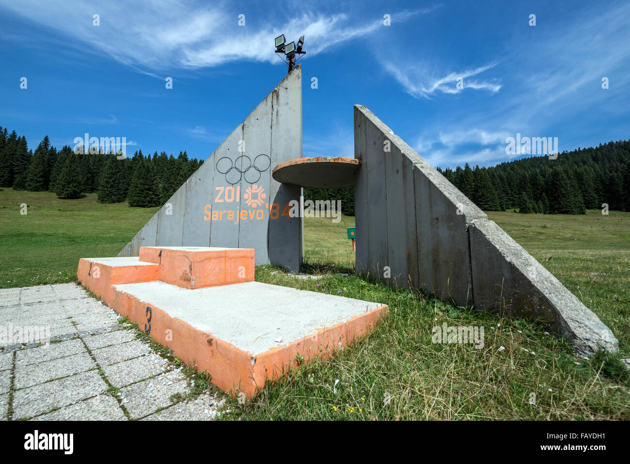 Olympic podium of Igman Olympic Jumps (Malo Polje) near Sarajevo, Bosnia and Herzegovina built for 1984 Winter Olympics Stock Photo
