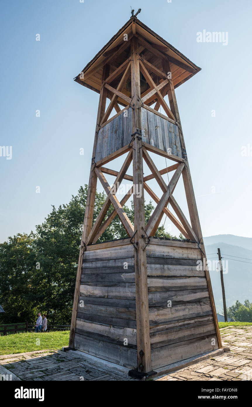 Wooden bell tower of Saint Sava church in Drvengrad village also called Kustendorf built by Emir Kusturica in Serbia Stock Photo