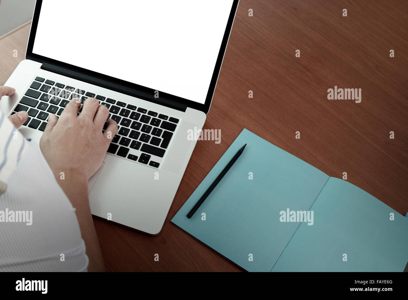 top view of Double exposure of businessman hand working with new modern computer and business strategy as concept Stock Photo