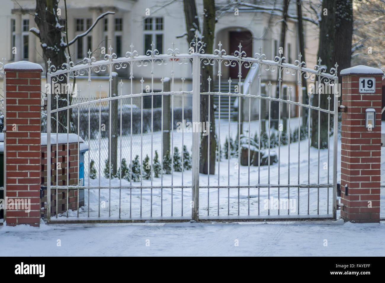 Old ornamental iron fence covered with snow Stock Photo - Alamy