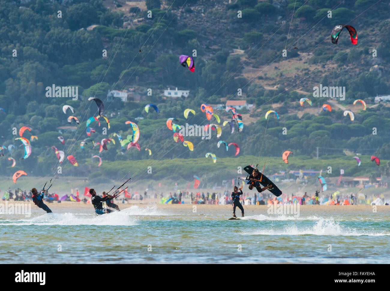 Kitesurfing. Los Lances beach, Tarifa, Costa de la Luz, Andalusia, Southern Spain. Stock Photo