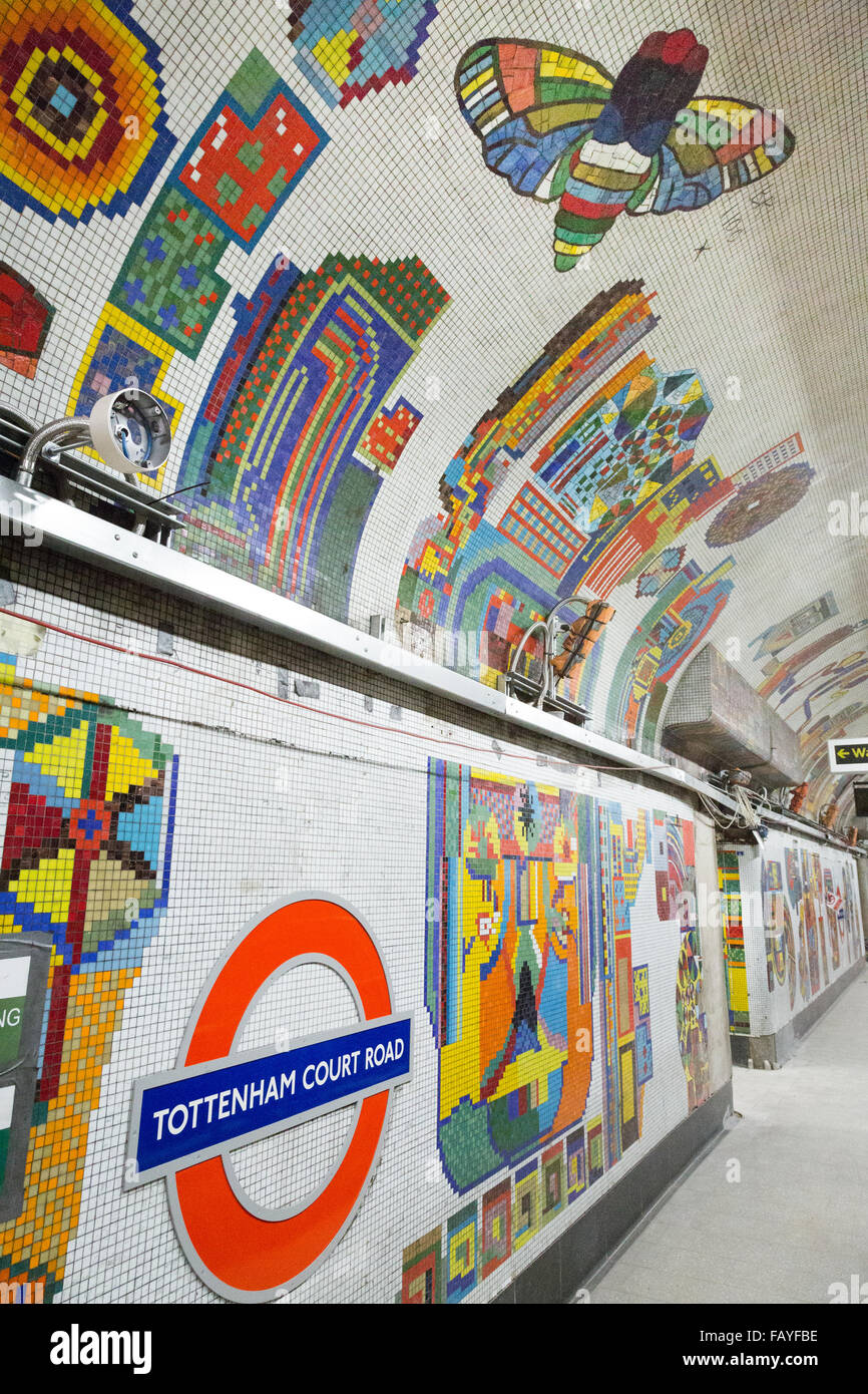 Mosaics are seen on the Central line at Tottenham Court Road Underground station, London Stock